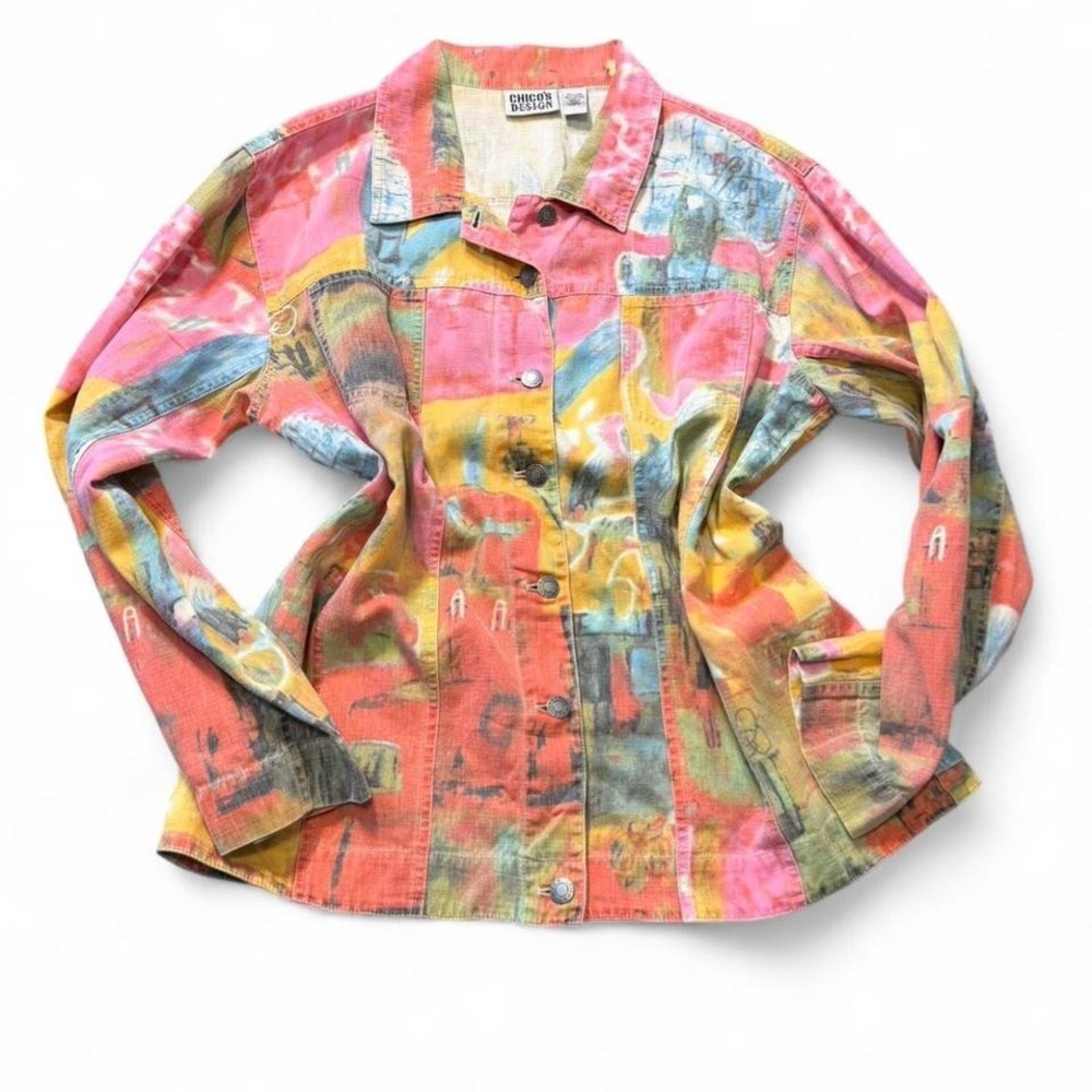 Vintage 90s Chico's Bold Multicolored Boho Hippie‎ Linen Blend Trucker Jacket